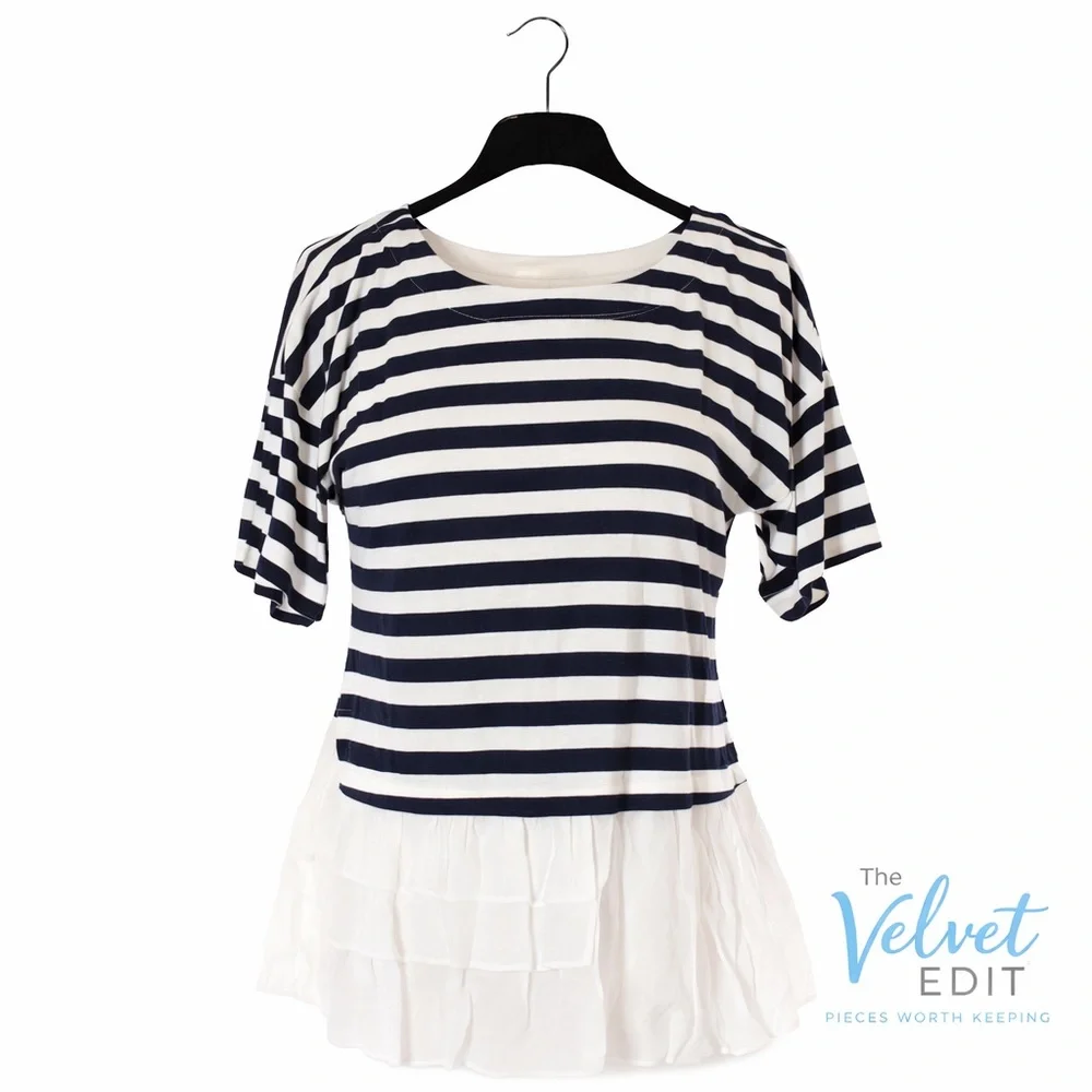 Doe & Rae Navy & White Striped Ruffle Hem Top | Size S - Picture 1 of 3